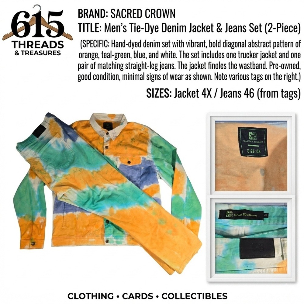 Sacred Crown Mens Tie-Dye Denim Jacket & Jeans Set 2-Piece 4X 46 Orange Teal